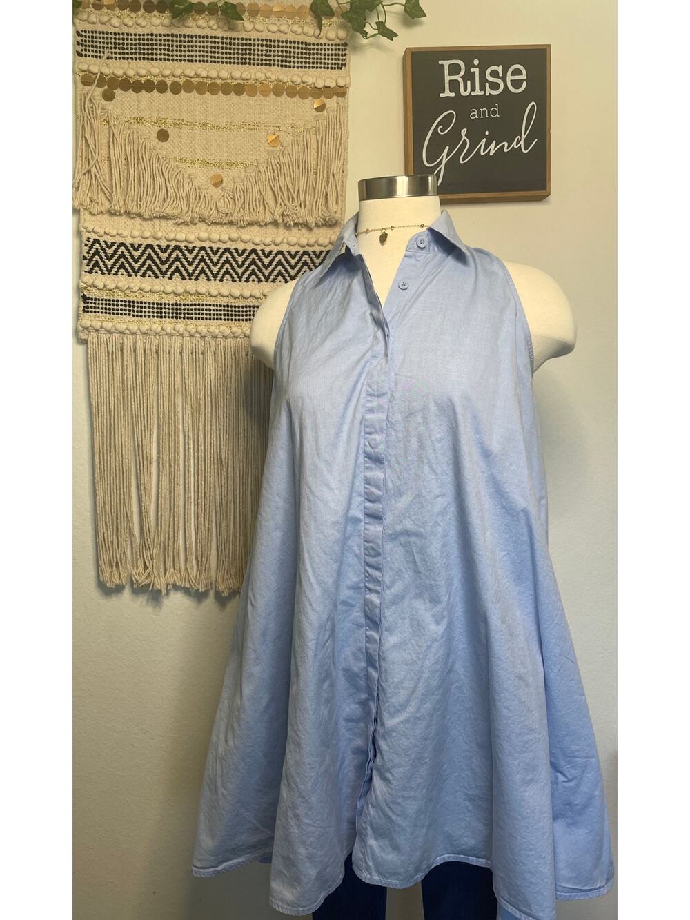Rebecca Mincoff Cotton Sky Blue Button Up Shirt Dress XS